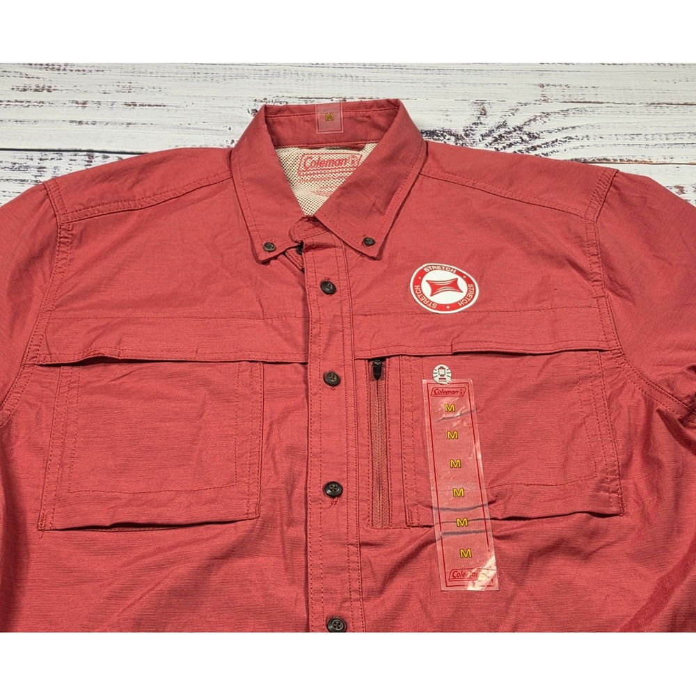 NEW Coleman Fishing Shirt Mens Medium Red Stretch Short Sleeve Utility Pocket